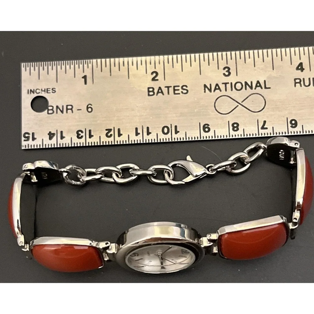 Silver Tone Chunky Bracelet Watch‎ Brick Red Burnt Orange
